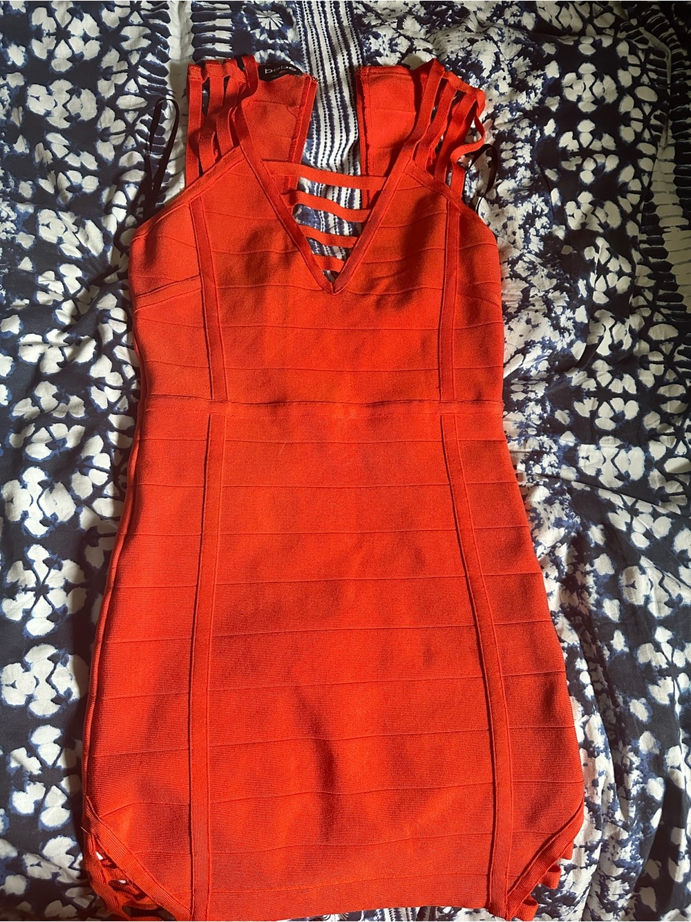 bebe Orange Strappy V-Neck Bandage Mini Dress